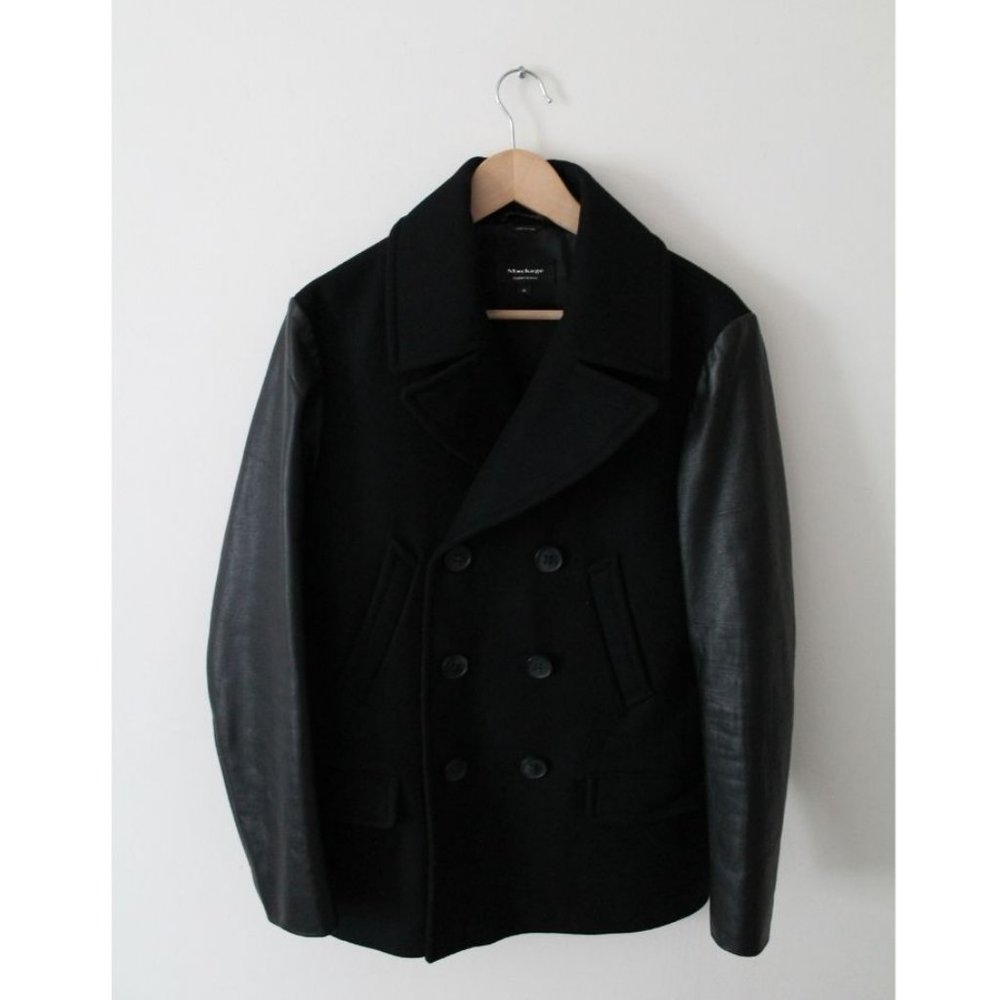Mackage for Harry Rosen Black Wool Pea Coat with Leather Sleeves Size 38